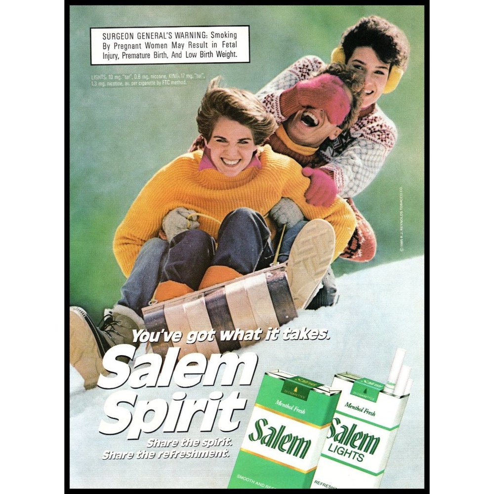 1987 Salem Cigarettes Vintage Print Ad Toboggan Sledding Snow Winter Sweater